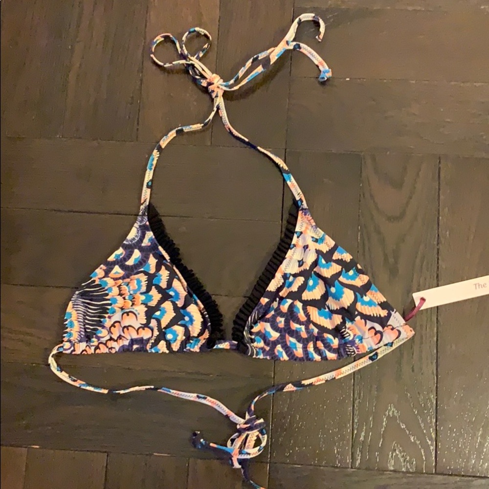 3/$30- Syla by Sylvie Cachay print triangle bikini top, navy ruffle trim